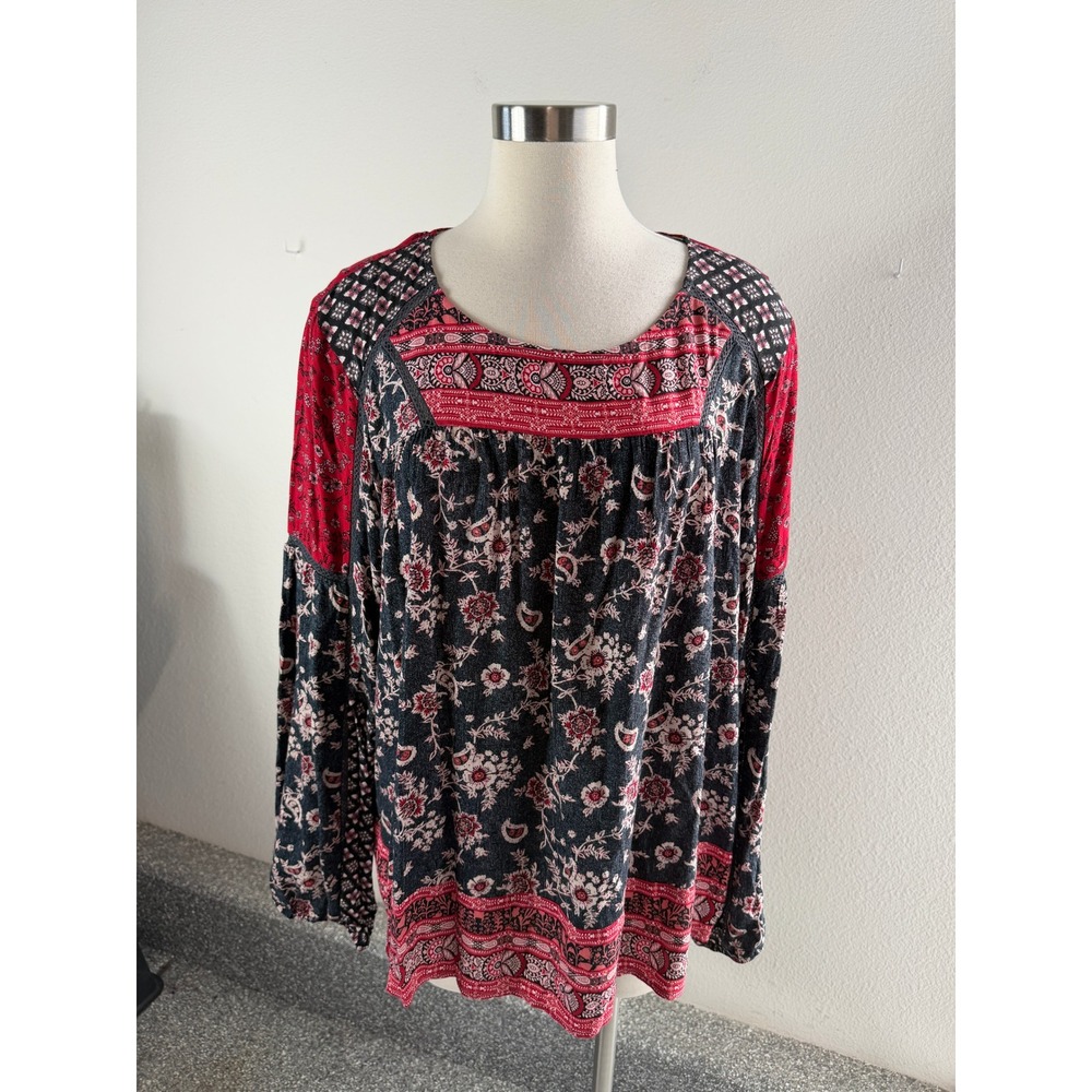 Knox Rose Womens Plus XXL Pink Floral Long Sleeve Boho Blouse Tunic Top